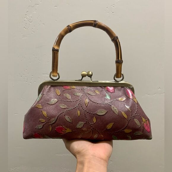Handmade Genuine Leather Floral Embossed Real bamboo Handle Satchel/Crossbody - Picture 1 of 15